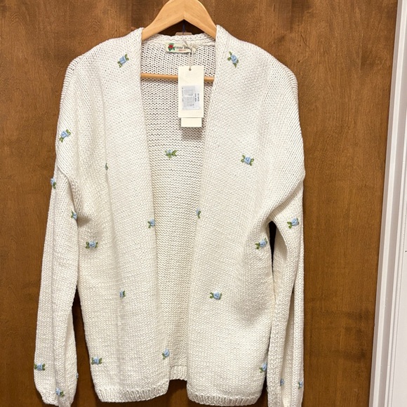 Fanm Mon Sweaters - 110. Fanm Mon White Cardigan with Blue and Green Embroidery